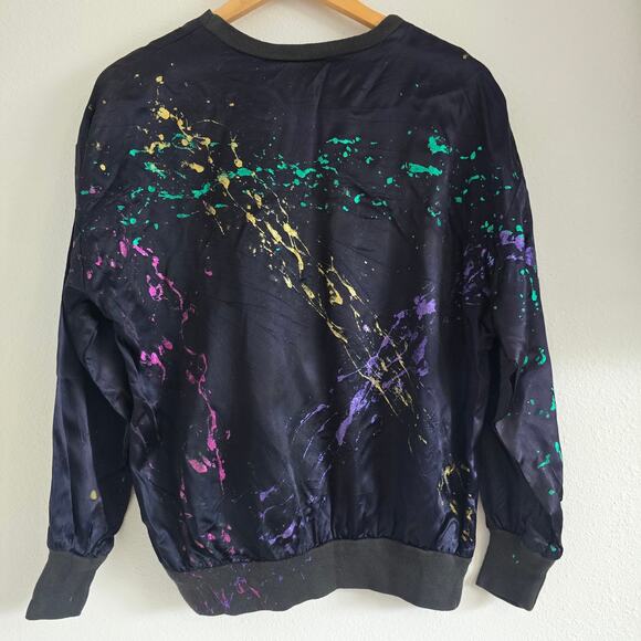 Vintage Womens Paint Splatter Black Satin Sweatshirt Size L made in USA - Picture 3 of 8